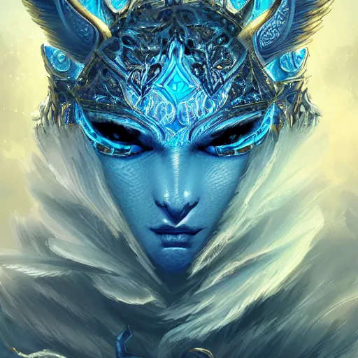 Prompt: a noble and fierce fantasy warrior, glowing blue eyes, face, fantasy world, intricate, elegant, highly detailed, digital painting, artstation, concept art, smooth, sharp focus, illustration