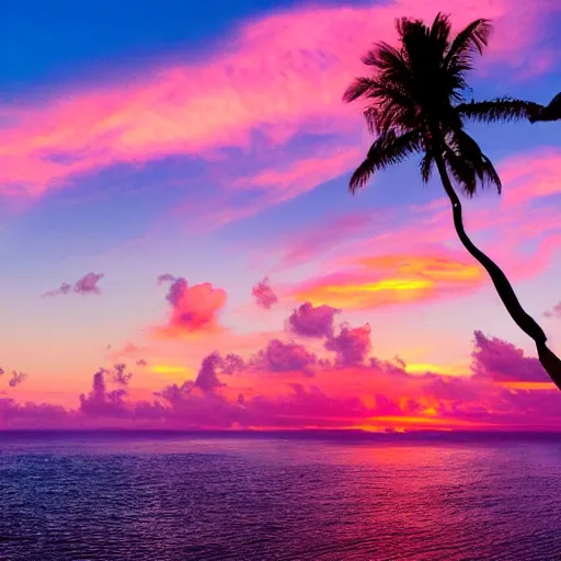 Image similar to Photo of the middle of the ocean, tiny, hilly islands made of sand, a couple of palm trees, sunset, pink clouds, dreamy, enchanting, ultrarealistic, establishing shot