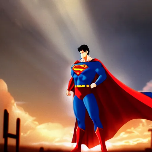 Image similar to a cinematic anime painting of superman stood on the roof of an abandoned cathedral, his face is lit by a strong beam of light shining in through a crack in the clouds, 8 k, movie still, wide angle