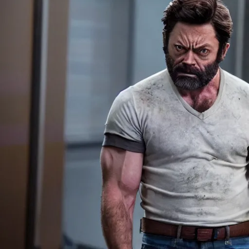 Image similar to x - men's wolverine played by nick offerman, photorealistic logan marvel movie still, detailed 8 k, poster style, high resolution