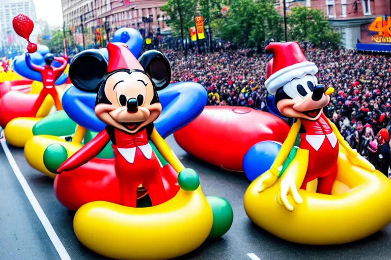 Prompt: photo of famous pop culture characters elaborate parade with deflated float characters designed by walt disney and all float characters are deflated!!!!!!!!!!!!!!, in the macys parade, detailed 4 k photo,