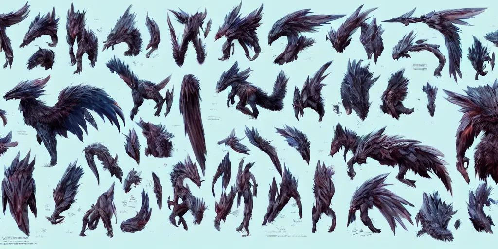 Image similar to Azure feathered winged wolf character design sheet, Monster Hunter Illustrations art book, big claws, huge wings, long tail, Moebius, Greg Rutkowski, Zabrocki, Karlkka, Jayison Devadas, Phuoc Quan, trending on Artstation, 8K, ultra wide angle, zenith view, pincushion lens effect.