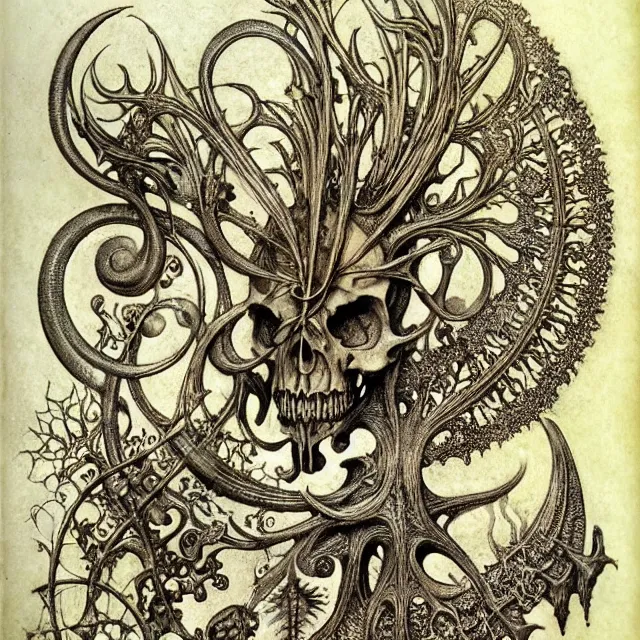 Image similar to memento mori by arthur rackham, art forms of nature by ernst haeckel, exquisitely detailed, art nouveau, gothic, ornately carved beautiful skull dominant, intricately carved antique bone, art nouveau botanicals, ornamental bone carvings, art forms of nature by ernst haeckel, horizontal symmetry, arthur rackham, ernst haeckel, symbolist, visionary