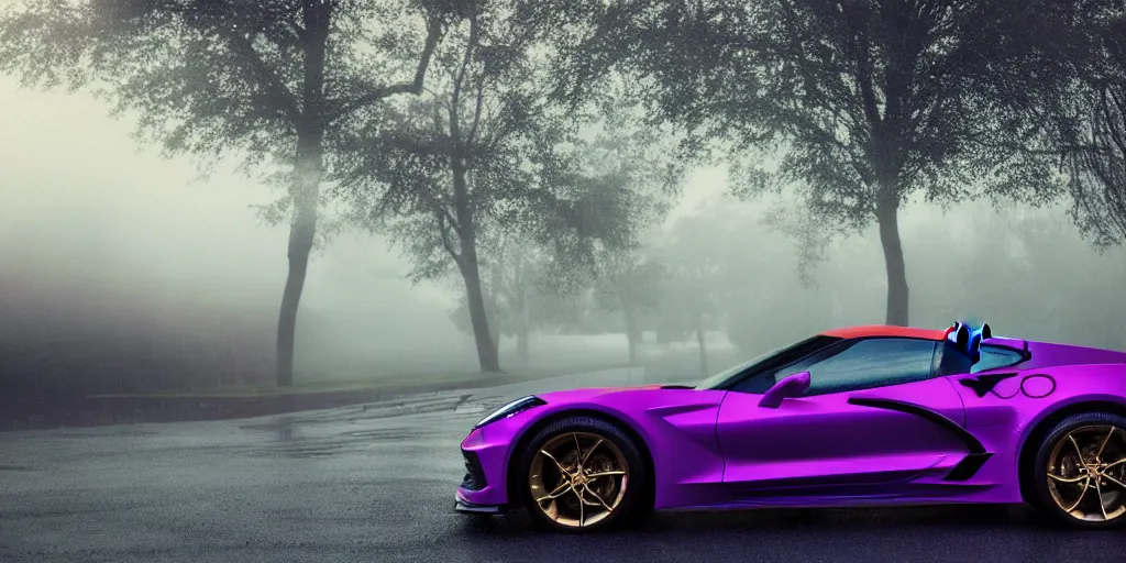 Image similar to parked purple 2 0 2 3 chevrolet corvette z 0 6, fog, rain, volumetric lighting, beautiful, golden hour, sharp focus, highly detailed, cgsociety