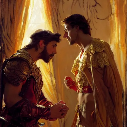 Image similar to attractive fully clothed king confesses his love for his attractive fully clothed male prince. highly detailed painting by gaston bussiere, craig mullins, j. c. leyendecker 8 k