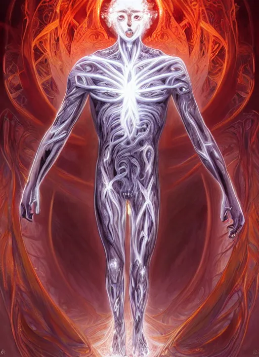 Prompt: cthonic resonance, red and white fractal glowing eyes, genetically augmented pale white young man wreathed in white gold flames, tracing the central nervous system throughout his body, fantasy, extremely detailed, digital painting, artstation, concept art, smooth, sharp focus, illustration, stunning lighting, art by artgerm and greg rutkowski and alphonse mucha and simon stalenhag, realistic character concept, high fantasy, dark atmosphere, golden ratio, cinematic lighting, hyperdetailed, high resolution, insanely detailed and intricate, artstation, Marc Simonetti, Greg Rutkowski, 8k