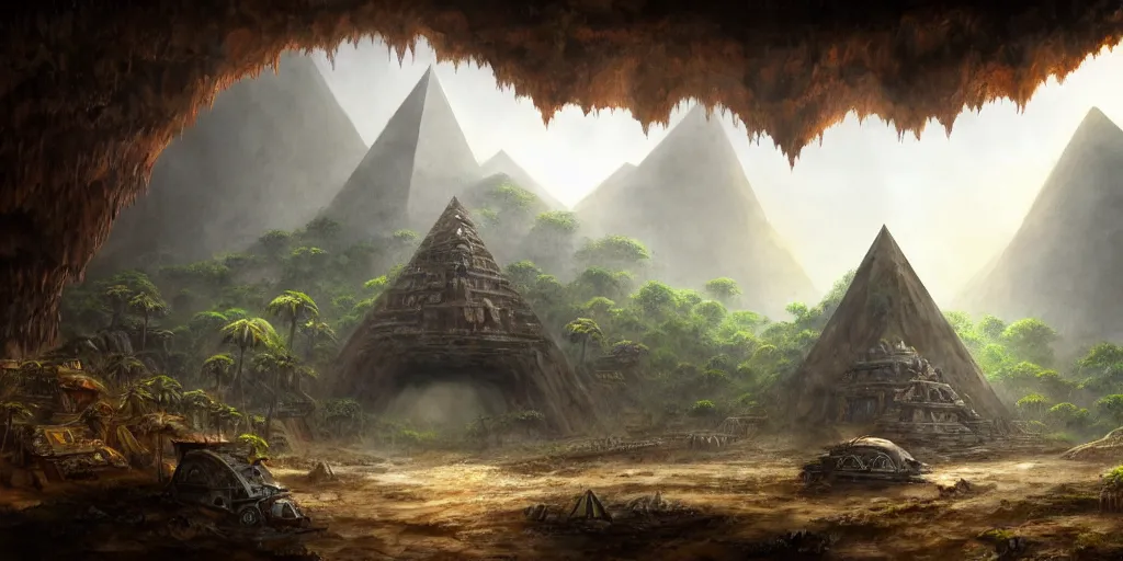 Image similar to a lone chrome pyramid sits inside a rusted cave mouth in the jungle, matte oil painting, merchant tents, ancient world, canyons, science fantasy, rpg, epic, extremely detailed, sharp focus, 4 k