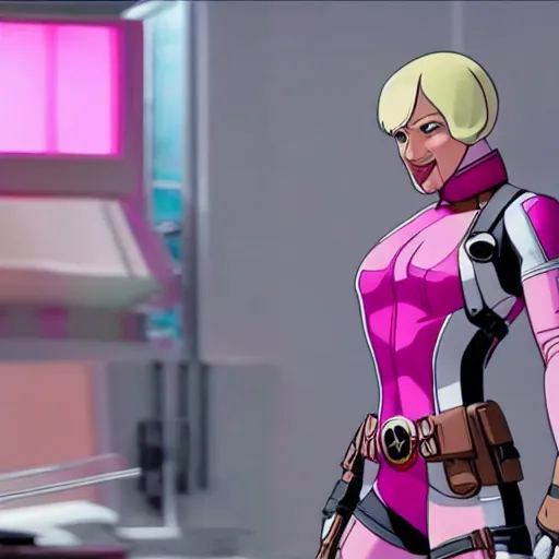 Image similar to A still of Gwenpool in Deadpool 3 (2023), blonde hair with pink highlights, no mask, white and light-pink outfit, smiling and winking at the camera