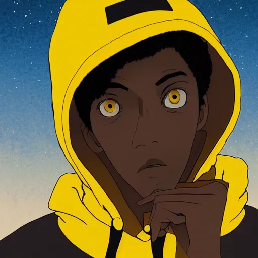 Prompt: portrait of black man wearing a yellow hoodie studio ghibli, fantasy, medium shot, asymmetrical, intricate, elegant, matte painting, illustration,