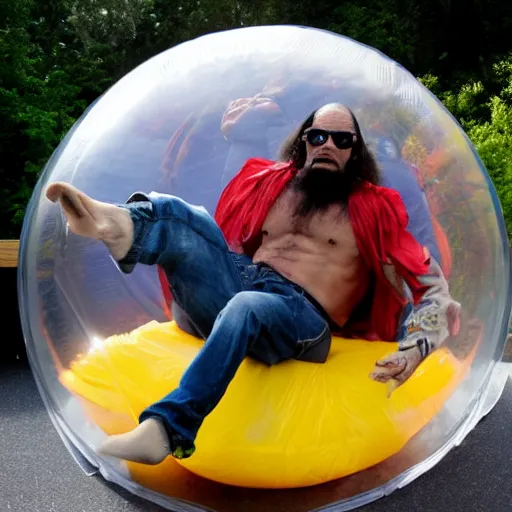 Image similar to randy savage trapped in a giant hamster ball