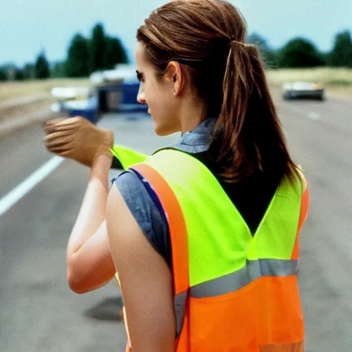 Image similar to photo, close up, emma watson in a hi vis vest picking up trash on the side of the interstate, portrait, kodak gold 2 0 0,