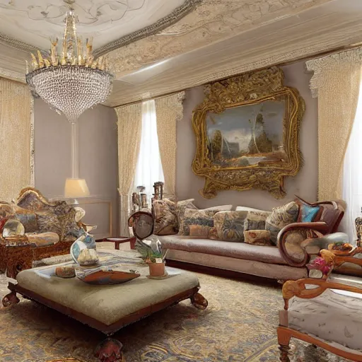 Prompt: photorealistic traditional living room maximalist furnitrue big ceiling