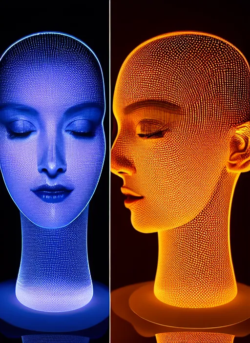 Image similar to ( isometric view, beautiful woman queen chess piece ( top bioluminescence ) ( bottom parametric ) ), beautiful face, reflection of led lights, algorithmic, intricate detail, futuristic, very detailed, highly detailed background, sharpfocus, photorealism, soft diffuse autumn lights, some sun light ray, dark room wall, canon 5 d 5 0 mm lens