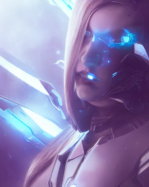 Image similar to perfect android girl on a mothership, warframe armor, beautiful face, scifi, futuristic, galaxy, nebula, raytracing, dreamy, long white hair, blue cyborg eyes, sharp focus, cinematic lighting, highly detailed, artstation, divine, by gauthier leblanc, kazuya takahashi, huifeng huang