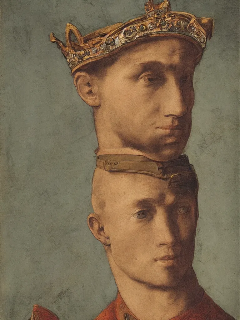 Image similar to portrait of a soldier wearing a crown by michelangelo