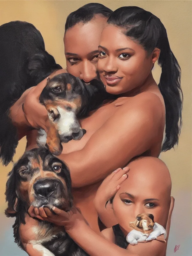 Prompt: “A beautiful oil painting of Megan-the-stallion holding a small dog with Dwayne Johnson’s head, trending on art station, digital art”