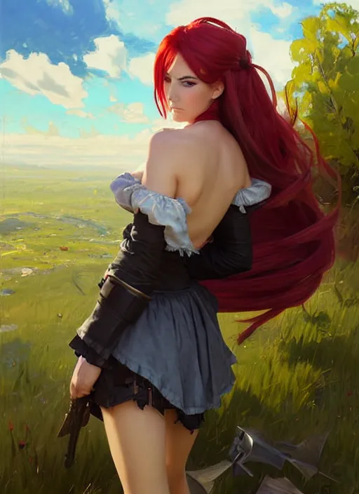 Image similar to portrait of Katarina from League of Legends in maid outfit, countryside, fantasy character portrait, dynamic pose, above view, view from above, sunny day, thunder clouds in the sky, artwork by Jeremy Lipkin and Giuseppe Dangelico Pino and Michael Garmash and Rob Rey, very coherent symmetrical artwork, perfect face, simple form, 100mm