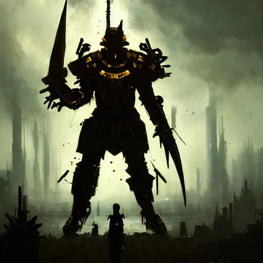 Image similar to anthropomorphic cyberpunk warrior stands tall wearing black and gold armor, oil painting, Tooth Wu, Greg Rutkowski, RPG, dynamic lighting, fantasy art, High contrast, depth of field, landscape, scenery