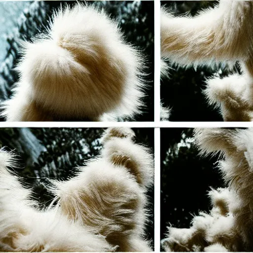 Image similar to fluffy monster, view from bottom to top, 35 mm lens