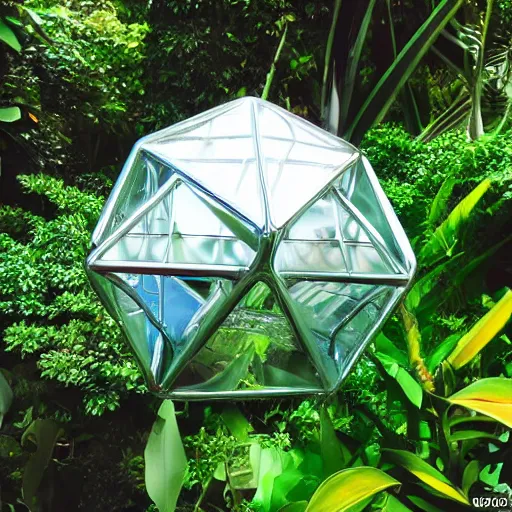 Image similar to high quality dslr photograph of a highly reflective chrome octahedron in a tropical greenhouse. alien structure, masterpiece, stunning, amazing, super resolution. atmospheric, Extremely detailed