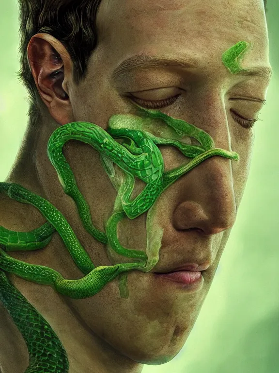 Image similar to portrait of a mark zuckerberg, skin peeling away to reveal green! scales!, forked snake tongue sticking out, art by ryo shiotani and greg rutkowski, intricate, beautiful, cinematic lighting, vintage art by serge ivanoff, high resolution, very detailed