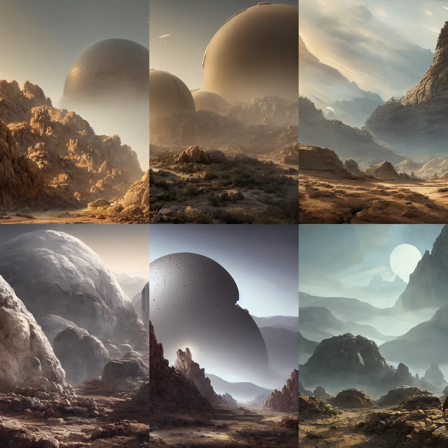 Prompt: short large domed eco living biomes in a very very barren, rocky desert, rocky mountains in background, dust swirling, diffuse lighting, strong imagery, highly detailed, by Greg Rutkowski, illustration, highly detailed 8k, cinematic lighting, HD, atmospheric, trending on artstation