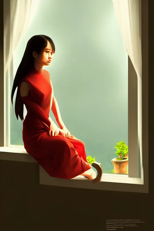 Prompt: joana sitting lookin at window composition : dynamic lighting, digital painting, center of interest, intricate, proportion, highly quality, balance, unity, extremely highly detailed. by bambang nurdianshyah ( details and background ) garis edelweiss ( lighting ) roby dwi antono ( character ) kira ayn varszegi ( dress )