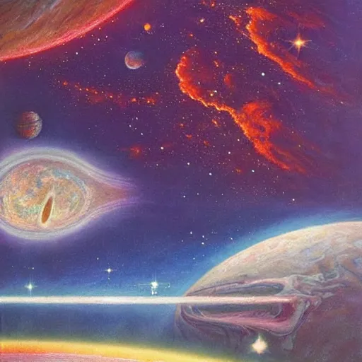 Image similar to sometimes forget there is purpose in all this and then i remember how far we've come, ( 1 9 5 5 ) awe inspiring cosmic scifi oil painting