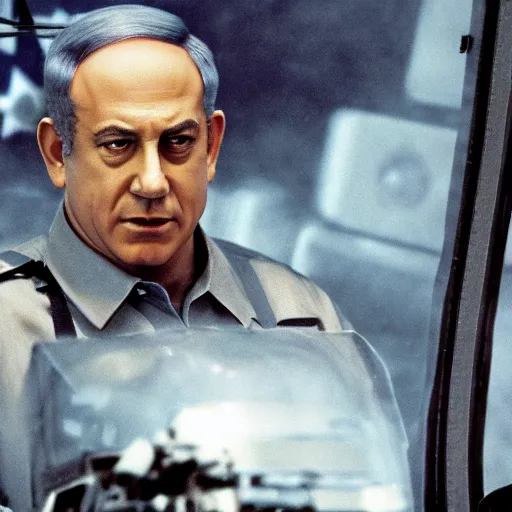 Image similar to benjamin netanyahu as the terminator in a helicopter, establishing shot, cinematic lighting