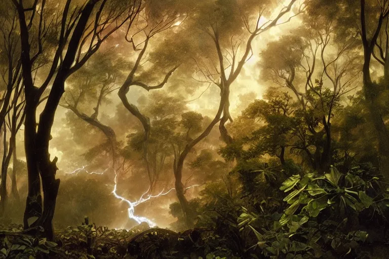 Image similar to a detailed illustration of a hurricane in the middle of central park, flying trees and park items, calamity, dark storms with lightning, 8 k, art by greg rutkowski and alphonse mucha and andreas rocha and albert bierstadt