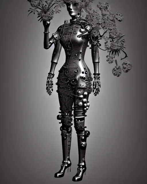 Image similar to monochrome 3 d model, 1 8 7 0 picture, silver mesh floral steampunk biomechanical beautiful young female cyborg with porcelain profile face and a techno eye, volumetric light, leaves foliage and stems, hibiscus flowers, sinuous fine roots, fine foliage lace, alexander mcqueen, rim light, big gothic fashion pearl embroidered collar, octane render, 8 k