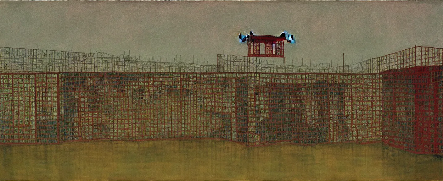 Image similar to a chinese prison near a river by peter doig, muted colors