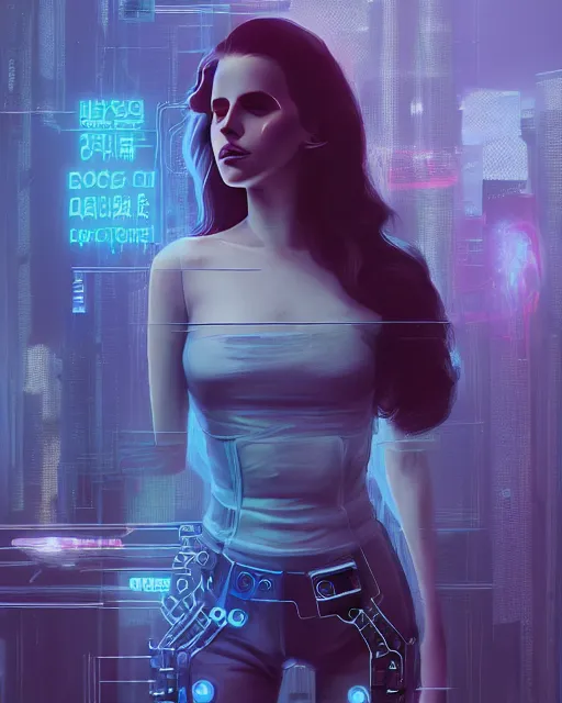 Image similar to portrait of lana del rey as a cyberpunk cyborg. roses, sci - fi, missing panels, intricate abstract upper body intricate artwork, by tooth wu, wlop, beeple, dan mumford. concept art, octane render, deviantart, greg rutkowski, cinematic, key art, hyperrealism, iridescent accents