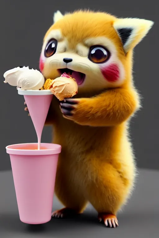 Image similar to high quality 3 d render hyperrealist very cute pastel fluffy! red panda & tarsier hybrid eating giant ice cream, vray smooth, in the style of detective pikachu, charlie immer, very dramatic light, low angle, uhd 8 k, shallow depth or field