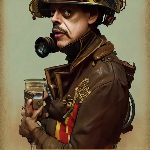 Image similar to Steve Buscemi as a steampunk firefighter, intricate, highly detailed, digital painting, artstation, concept art, sharp focus, illustration, art by greg rutkowski and alphonse mucha