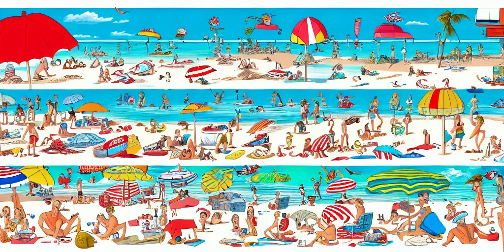 Image similar to a full page spread from the where's waldo at the beach book, waldo in the top right of frame, high detail illustration, coherent