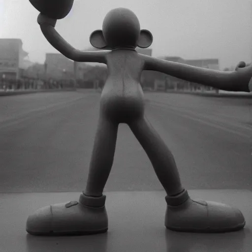 Image similar to Statue of a humanoid Mickey Mouse, photorealistic, film still, desolate