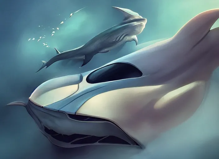 Image similar to beautiful concept design of a car that looks almost like a fish, a shark or a whale. car design by cory loftis, fenghua zhong, ryohei hase, ismail inceoglu, ruan jia, henrik fisker, bruce kaiser, scott robertson, dmitry mazurkevich, doruk erdem, and jon sibal. volumetric light