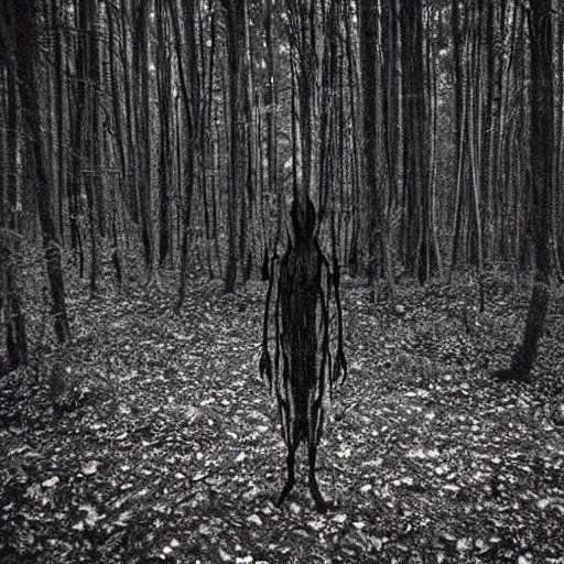 Image similar to grainy trail cam photo still of an alien in the woods at night hiding in the trees of a forest