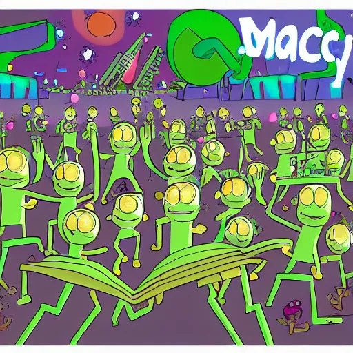 Prompt: illustration of alien macy's parade, in the style of rick and morty