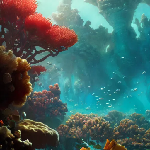 Image similar to beautiful coral reef photorealistic painting, wlop, concept art, octane render, deviantart, greg rutkowski, cinematic, artstation, key art, hyperrealism