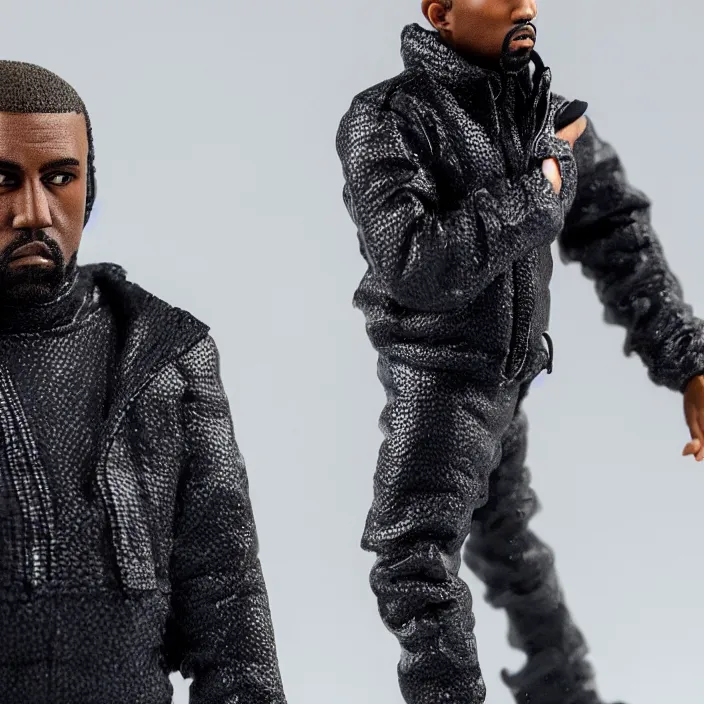 Prompt: a action figure of kanye west using full face - covering black mask with small holes. a small, tight, undersized reflective bright blue round puffer jacket made of nylon. a shirt underneath. jeans pants. a pair of big rubber boots, figurine, detailed product photo, 4 k, realistic, acton figure, studio lighting, professional photo