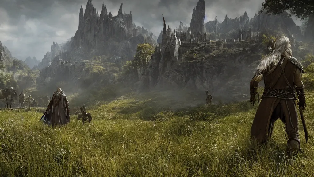 Prompt: screenshot from the new Lord of the Rings open-world videogame, minimap in the corner, high detail hud, third person game, Elves, the Hobbit, Unreal Engine, high quality, next-gen graphics, 4k, epic, cinematic, fantasy, Tolkien,