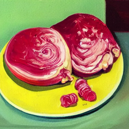 Image similar to a still life portrait of green eggs and ham, oil on canvas, highly detailed