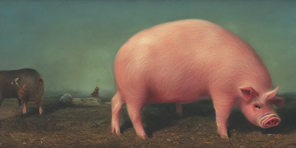 Image similar to The last pig on earth, 1860s oil painting style, soft light, high contrast, high saturation colors, film composition