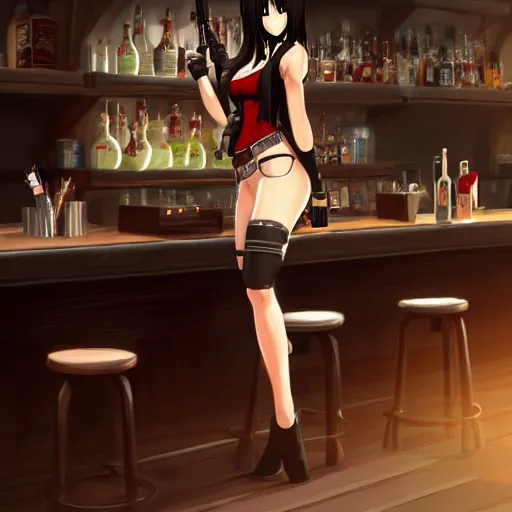 Image similar to high quality concept art of tifa lockhart working in her bar, detailed, trending on artstation