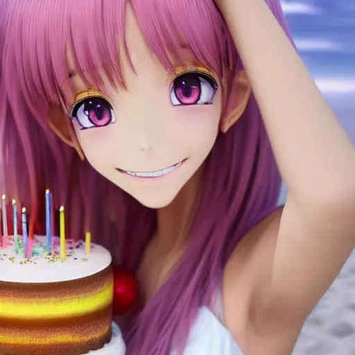 Image similar to Render of a beautiful 3d anime woman holding a birthday cake to show the camera, long light pink hair, full bangs, hazel eyes, cute freckles, full round face, proud smile, Chinese heritage, cute checkerboard sundress, golden hour, serene beach setting, medium shot, mid-shot, hyperdetailed, trending on Artstation, Unreal Engine 4k