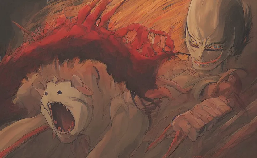 Prompt: the demon awoke from its slumber beneath the bed frame, digital painting masterpiece, haunting beautiful brush strokes, painted by Moebius and Hayao Miyazaki and Akira Toriyama