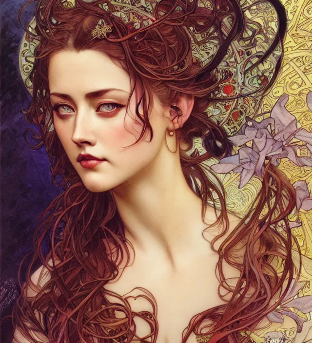 Prompt: detailed portrait of amber heard by alphonse mucha, ayami kojima, yoshitaka amano, charlie bowater, karol bak, greg hildebrandt, jean delville, and mark brooks, art nouveau