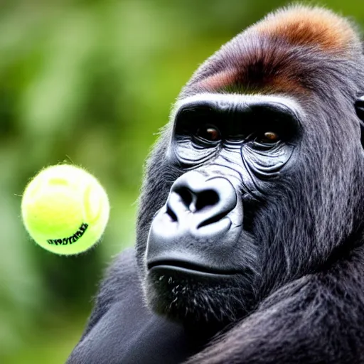 Prompt: photo of gorilla playing tennis